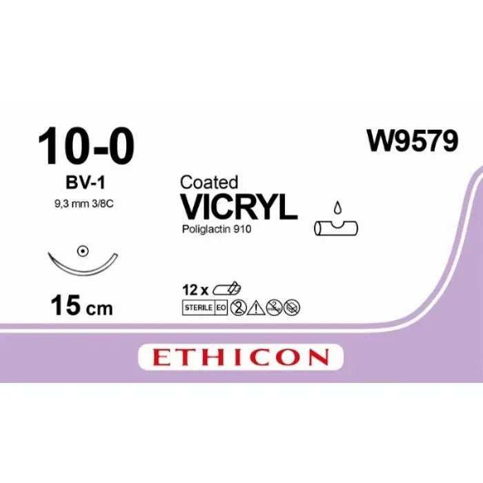 Ethicon VICRYL Coated Polyglactin 910 Absorbable Surgical Suture – USP 10 - 0 – 15 cm – Violet – Single - Armed Taper Point Needle 9.3 mm, 3/8 Circle – W9579 (Box of 12) Size: 10 - 0 Colour: Violet Needle Config Style: Taper Point - W9579