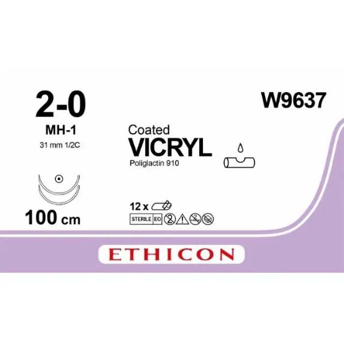 Ethicon VICRYL PLUS Polyglactin 910 Braided Absorbable Antibacterial Surgical Suture – USP 2 - 0 – 90 cm – Violet – Single - Armed Taper Point Plus Needle 31 mm, 1/2 Circle – W9637 (Box of 36) Size: 2 - 0 Colour: Violet Style: non cutting - W9637
