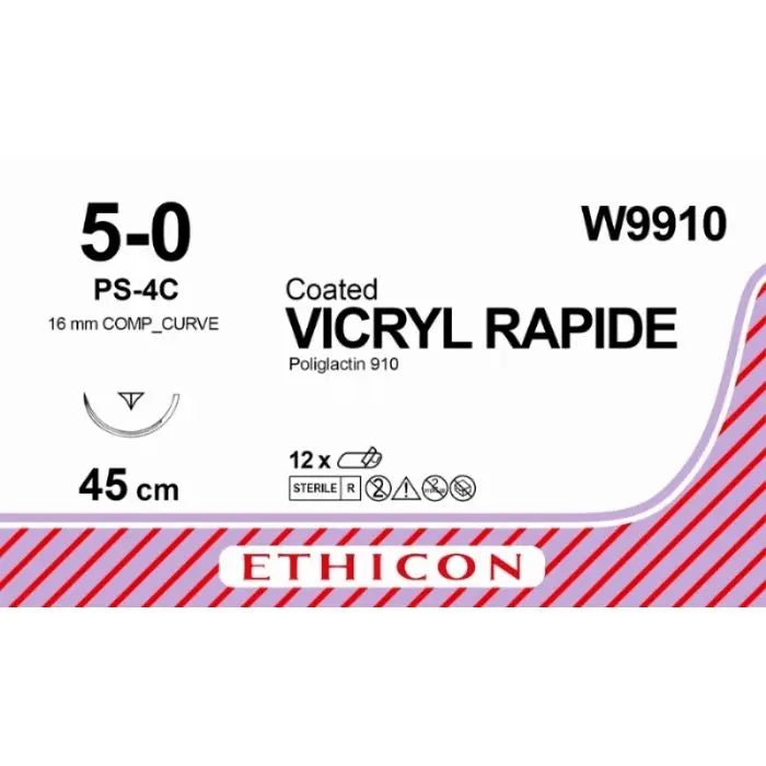 Ethicon VICRYL RAPIDE Braided Polyglactin 910 Absorbable Surgical Suture – USP 5 - 0 – 45 cm – Undyed – Reverse Cutting Prime Needle (16 mm, Compound Curve) – W9910 (Box of 12) Size: 5 - 0 Colour: Undyed Style: Reverse Cutting Prime - W9910