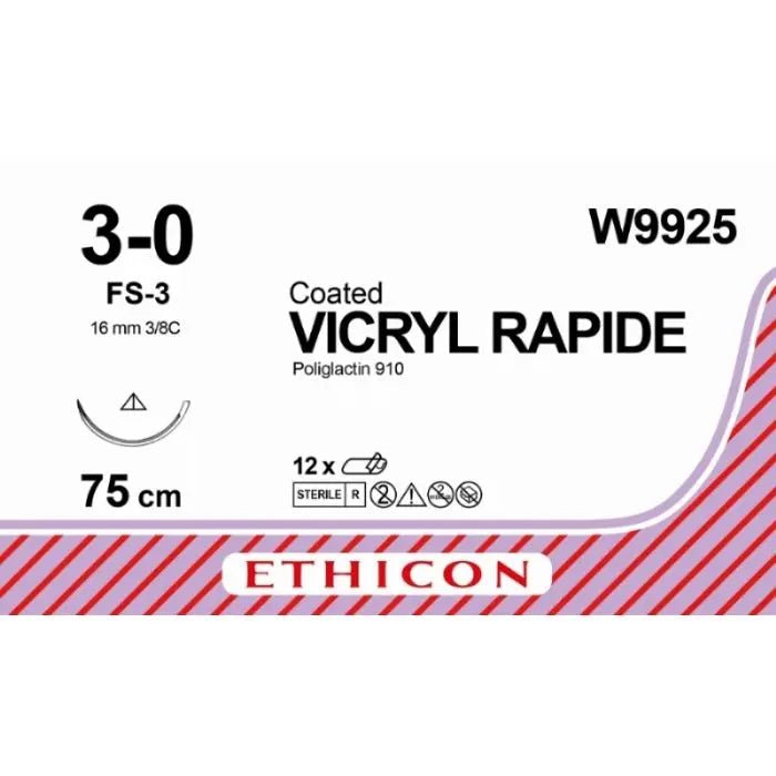 Ethicon VICRYL RAPIDE Braided Polyglactin 910 Absorbable Surgical Suture – USP 3 - 0 – 75 cm – Undyed – Conventional Cutting Needle (16 mm, 3/8 Circle) – W9925 (Box of 12) Size: 3 - 0 Colour: Undyed Style: Conventional Cutting - W9925