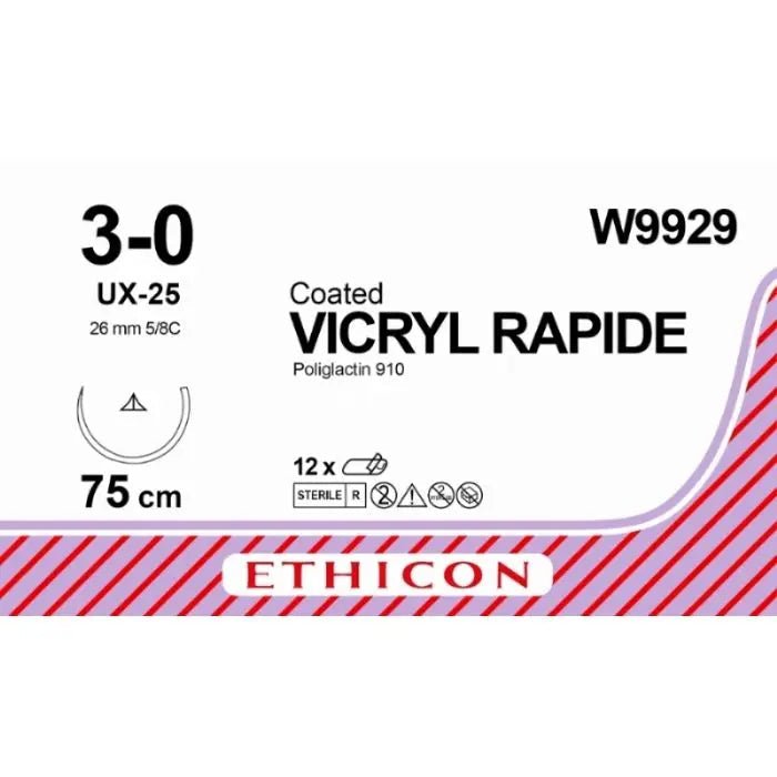 Ethicon VICRYL RAPIDE Braided Polyglactin 910 Absorbable Surgical Suture – USP 3 - 0 – 75 cm – Undyed – Conventional Cutting PC Needle (26 mm, 5/8 Circle) – W9929 (Box of 12) Size: 3 - 0 Colour: Undyed Style: Conventional Cutting PC - W9929