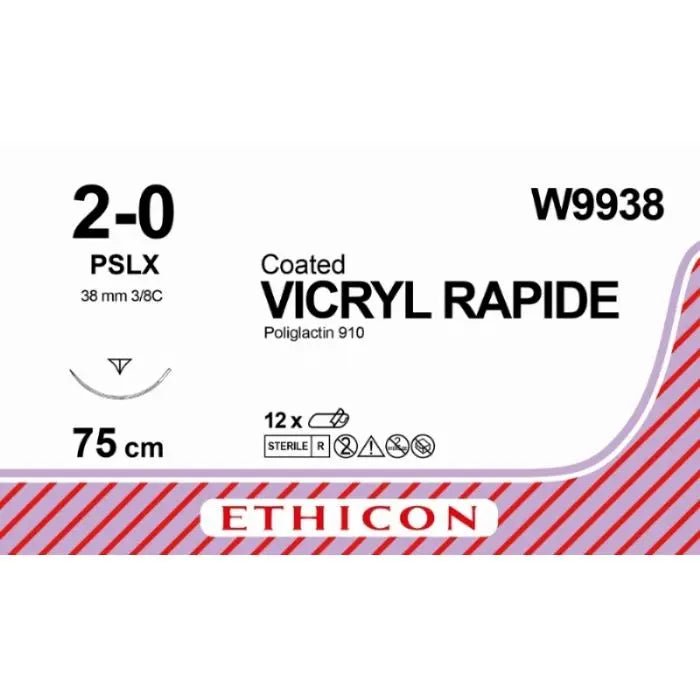 Ethicon VICRYL RAPIDE Braided Polyglactin 910 Absorbable Surgical Suture – USP 2 - 0 – 75 cm – Undyed – Reverse Cutting Prime Needle (38 mm, 3/8 Circle) – W9938 (Box of 12) Size: 2 - 0 Colour: Undyed Style: Reverse Cutting Prime - W9938