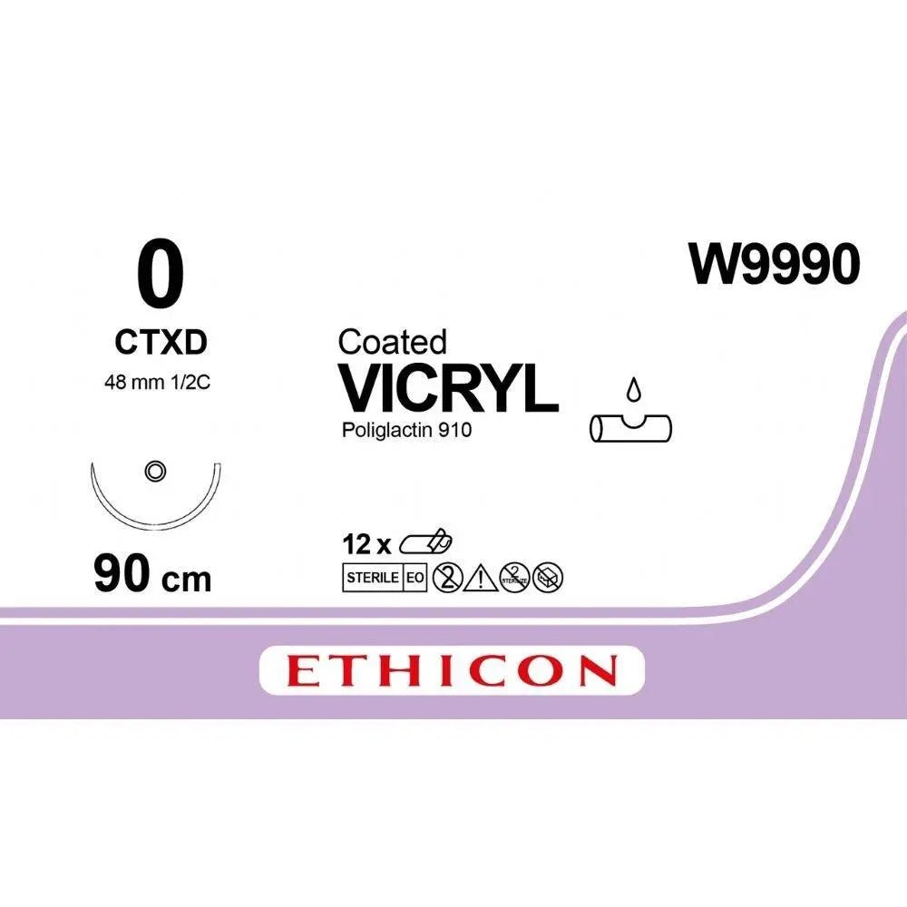 Ethicon VICRYL Polyglactin 910 Braided Absorbable Surgical Suture – USP 0 – 90 cm – Violet – Single - Armed Taper Cut CTXD Needle 40 mm, 1/2 Circle – W9990 (Box of 12) Size: 0 Colour: Violet Style: Taper Cut CTXD - Medical SutureW9990