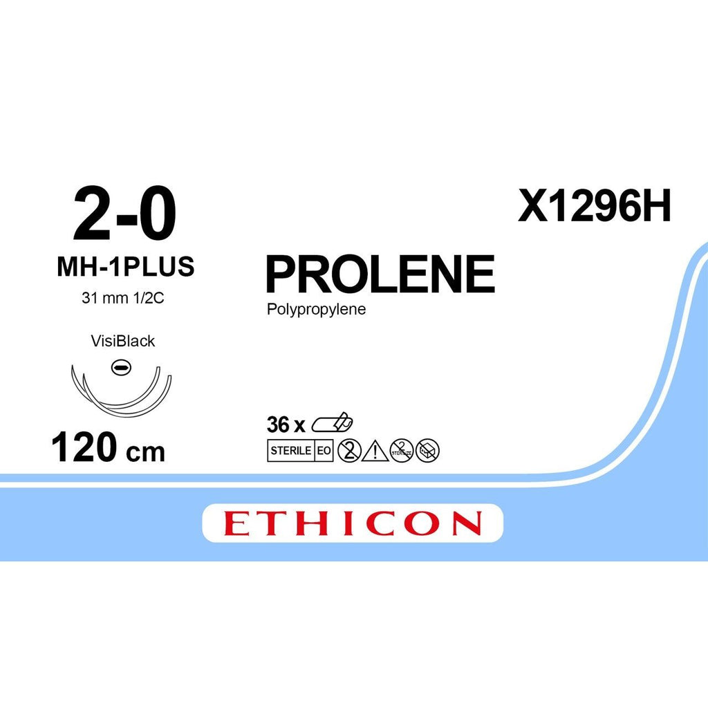 Ethicon PROLENE Polypropylene Blue Non - Absorbable Surgical Suture USP 2 - 0 120 cm MH - 1 PLUS VISIBLACK Taperpoint Needle (31 mm) X1296H (Box of 36) - X1296H