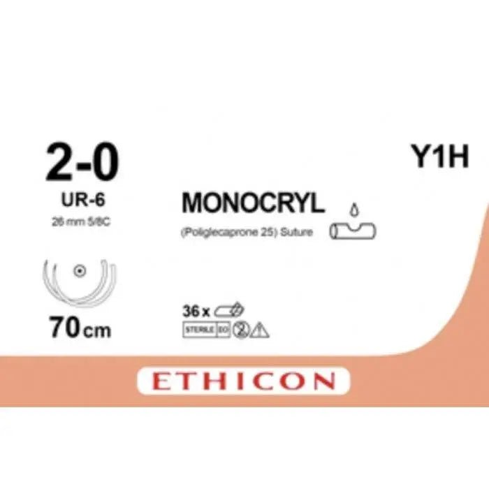 Ethicon MONOCRYL Poliglecaprone 25 Absorbable Monofilament Surgical Suture – USP 2 - 0 – 70 cm – Violet – Double - Armed Taperpoint Needles 26 mm – 5/8 Circle – Y1H / A1H (Box of 36) Size: 2 - 0 Colour: Violet Style: Taperpoint - Y1H