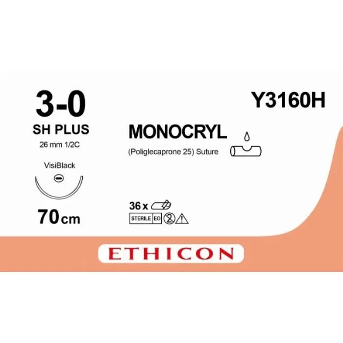Ethicon MONOCRYL Poliglecaprone 25 Absorbable Monofilament Surgical Suture – USP 3 - 0 – 70 cm – Violet – Single - Armed Taperpoint Plus Needle 26 mm – 1/2 Circle – Y3160H (Box of 36) Size: 3 - 0 Colour: Violet Style: non cutting - Y3160H