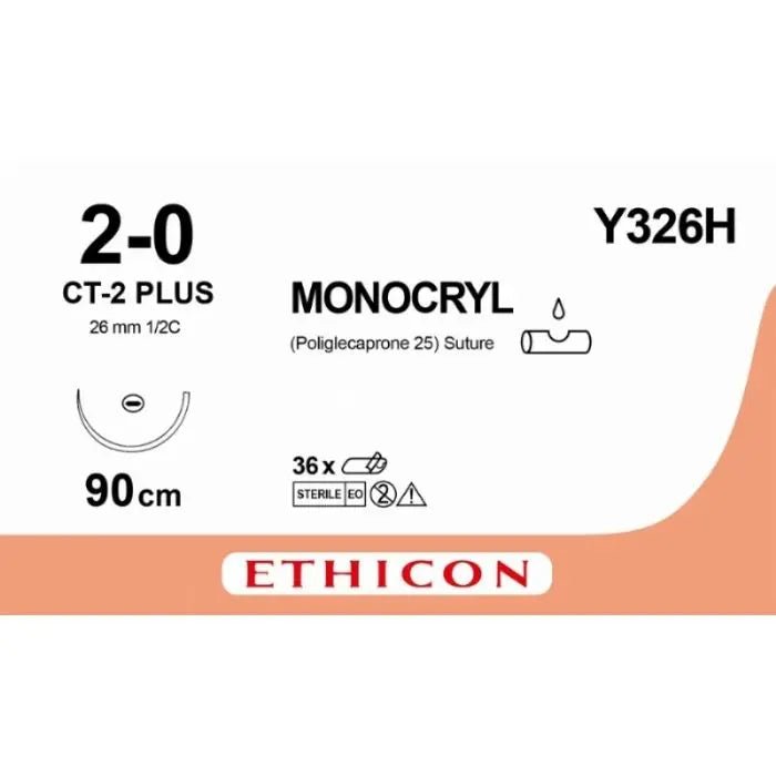 Ethicon MONOCRYL Poliglecaprone 25 Absorbable Monofilament Surgical Suture – USP 2 - 0 – 90 cm – Violet – Single - Armed Taperpoint Plus Needle 26 mm – 1/2 Circle – Y326H (Box of 36) Size: 2 - 0 Colour: Violet Style: non cutting - Y326H