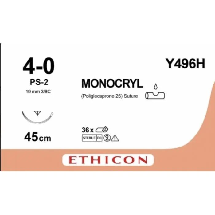 Ethicon MONOCRYL Poliglecaprone 25 Absorbable Monofilament Surgical Suture – USP 4 - 0 – 45 cm – Undyed – Single - Armed Reverse Cutting Prime Needle 19 mm – 3/8 Circle – Y496H (Box of 36) Size: 4 - 0 Colour: Undyed Style: cutting - Y496H