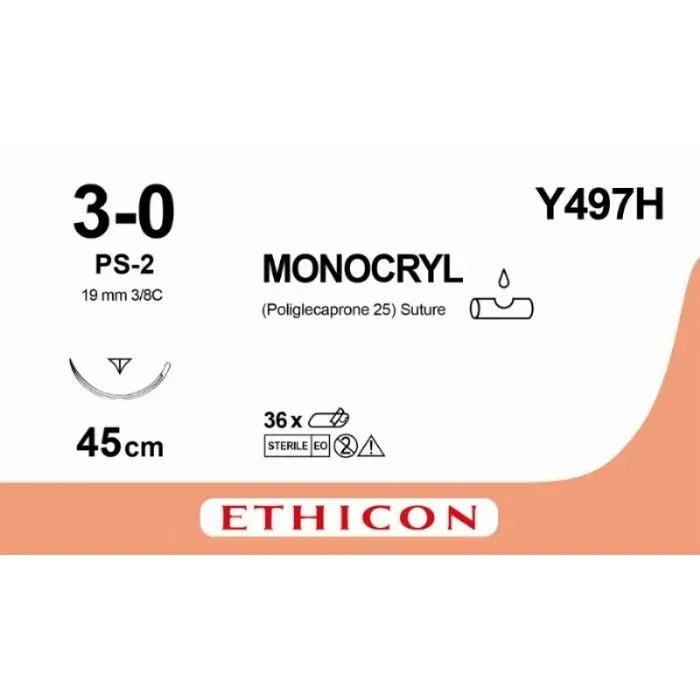 Ethicon MONOCRYL Poliglecaprone 25 Absorbable Monofilament Surgical Suture – USP 3 - 0 – 45 cm – Undyed – Single - Armed Reverse Cutting Prime Needle 19 mm – 3/8 Circle – Y497H (Box of 36) Size: 3 - 0 Colour: Undyed Style: cutting - Y497H