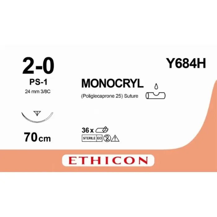 Ethicon MONOCRYL Poliglecaprone 25 Absorbable Monofilament Surgical Suture – USP 2 - 0 – 70 cm – Undyed – Single - Armed Reverse Cutting Prime Needle 24 mm – 3/8 Circle – Y684H (Box of 36) Size: 2 - 0 Colour: Undyed Style: cutting - Y684H