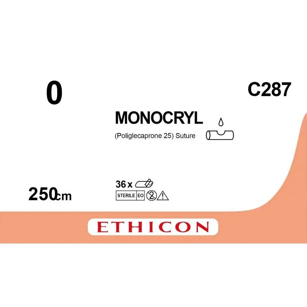 Ethicon MONOCRYL Poliglecaprone 25 Absorbable Monofilament Surgical Suture – USP 0 – 250 cm – Undyed – Needleless (0× Needle) – C287 (Box of 12) Size: 0 Colour: Undyed Style: NA - Medical SutureC287