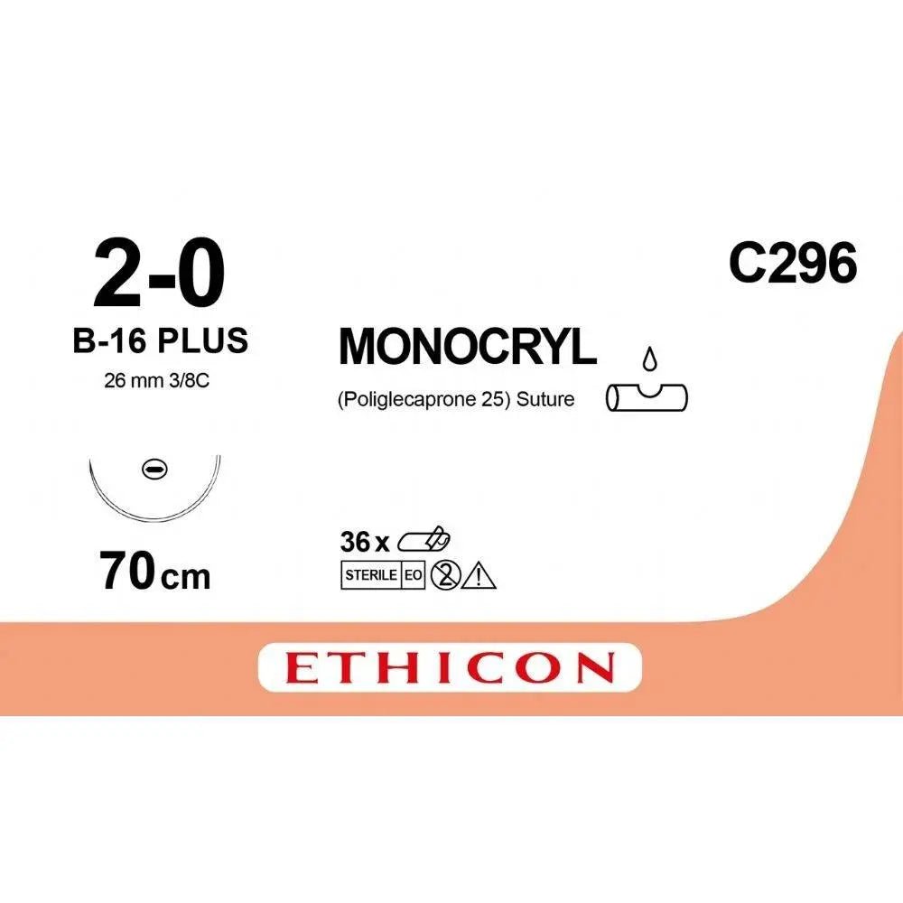 Ethicon MONOCRYL Poliglecaprone 25 Absorbable Monofilament Surgical Suture – USP 2 - 0 – 70 cm – Violet – Single - Armed Taperpoint Plus Needle 26 mm – 3/8 Circle – C296 (Box of 36) Size: 2 - 0 Colour: Violet Style: non cutting - Medical SutureC296