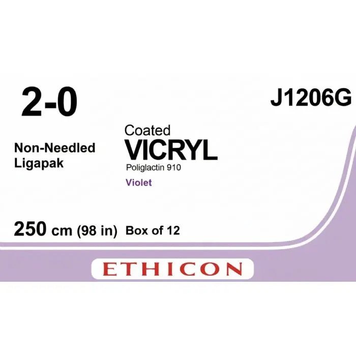 Ethicon COATED VICRYL Polyglactin 910 Braided Absorbable Surgical Suture – USP 2 - 0 – 250 cm (98 in) – Violet – Non - Needled Ligapak – J1206G (Box of 12) Size: 2 - 0 Colour: Violet Style: Non - needled (Ligapak) - J1206G