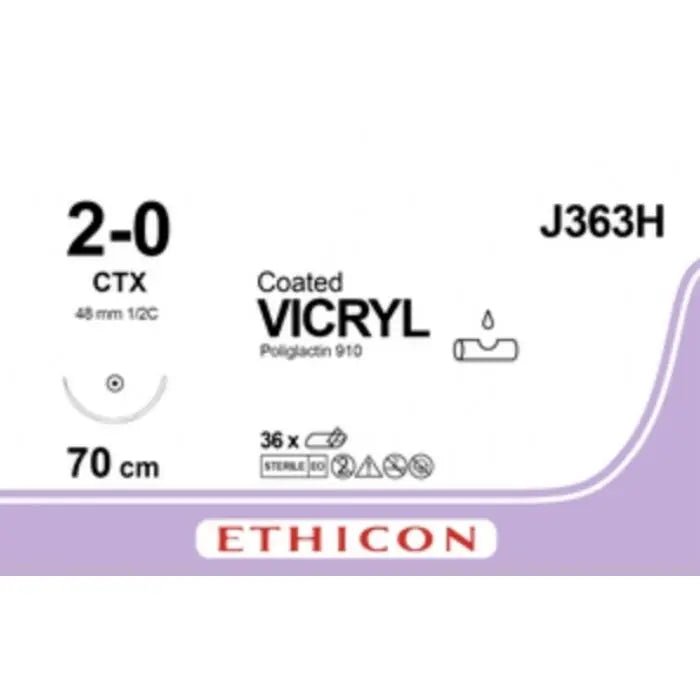 Ethicon COATED VICRYL Polyglactin 910 Braided Absorbable Surgical Suture – USP 2 - 0 – 70 cm – Violet – Single - Armed Taper Cut CTX Needle – J363H (Box of 36) Size: 2 - 0 Colour: Violet Style: Taper Cut CTX - J363H