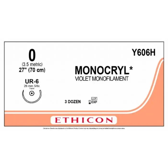 Ethicon MONOCRYL Poliglecaprone 25 Absorbable Monofilament Surgical Suture – USP 0 – 70 cm – Violet – Single - Armed Taperpoint Needle 26 mm – 5/8 Circle – Y606H (Box of 36) Size: 0 Colour: Violet Style: non cutting - Y606H