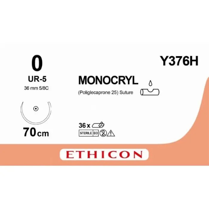 Ethicon MONOCRYL Poliglecaprone 25 Absorbable Monofilament Surgical Suture – USP 0 – 70 cm – Violet – Single - Armed Taperpoint Needle 36 mm – 5/8 Circle – Y376H (Box of 36) Size: 0 Colour: Violet Style: non cutting - Y376H