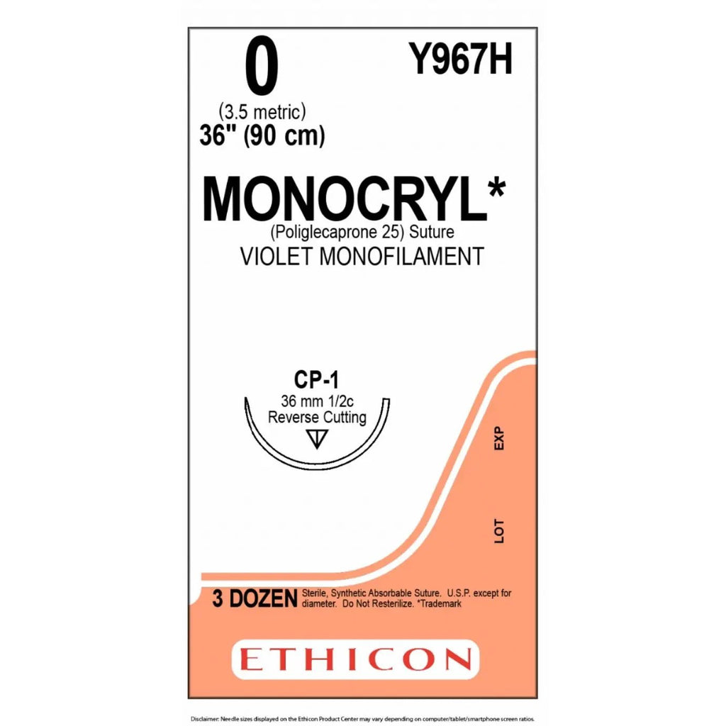 Ethicon MONOCRYL Poliglecaprone 25 Absorbable Monofilament Surgical Suture – USP 0 – 90 cm – Violet – Single - Armed Reverse Cutting Needle 36 mm – 1/2 Circle – Y967H (Box of 36) Size: 0 Colour: Violet Style: cutting - Y967H