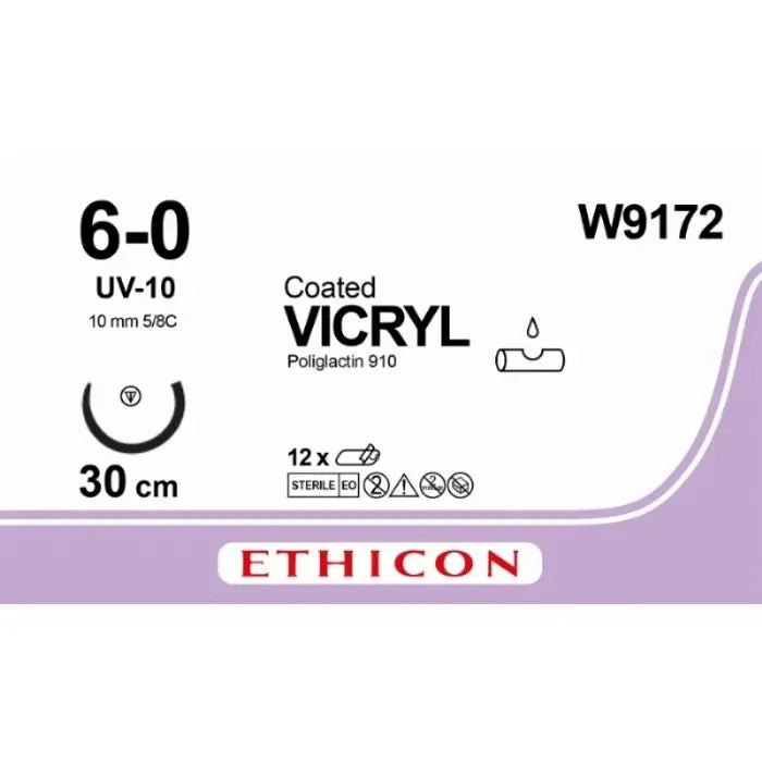 Ethicon VICRYL Coated Polyglactin 910 Braided Absorbable Surgical Suture – USP 6 - 0 – 30 cm – Violet – Single - Armed TaperCut Needle 10 mm, 5/8 Circle – W9172 (Box of 12) Size: 6 - 0 Colour: Violet Style: TaperCut - W9172