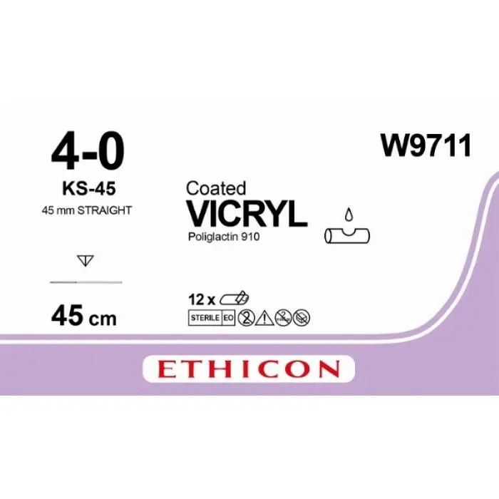 Ethicon VICRYL PLUS Polyglactin 910 Braided Absorbable Antibacterial Surgical Suture – USP 4 - 0 – 45 cm – Violet – Single - Armed Reverse Cutting Needle 13 mm, Straight – W9711 (Box of 36) Size: 4 - 0 Colour: Violet - W9711
