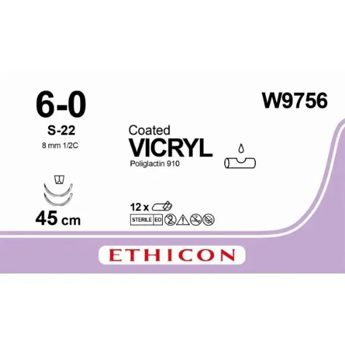 Ethicon VICRYL Polyglactin 910 Braided Absorbable Surgical Suture – USP 6 - 0 – 45 cm – Undyed – Double - Armed Reverse Spatula Needles 8 mm, 1/2 Circle – W9756 (Box of 12) Size: 6 - 0 Colour: Undyed Style: cutting - W9756