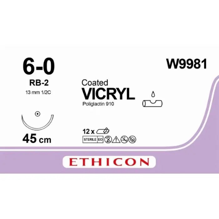 Ethicon VICRYL Polyglactin 910 Braided Absorbable Surgical Suture – USP 6 - 0 – 45 cm – Undyed – Single - Armed Taper Point Needle 13 mm, 1/2 Circle – W9981 (Box of 12) Size: 6 - 0 Colour: Undyed Style: non cutting - W9981