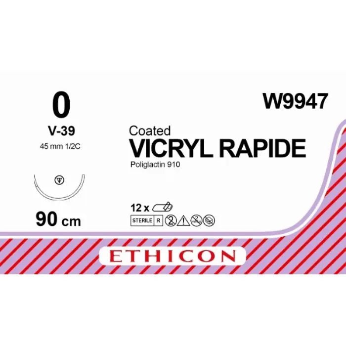 Ethicon VICRYL RAPIDE Braided Polyglactin 910 Absorbable Surgical Suture – USP 0 – 90 cm – Undyed – Tapercut Needle (45 mm, 1/2 Circle) – W9947 (Box of 12) Size: 0 Colour: Undyed Style: non cutting - W9947