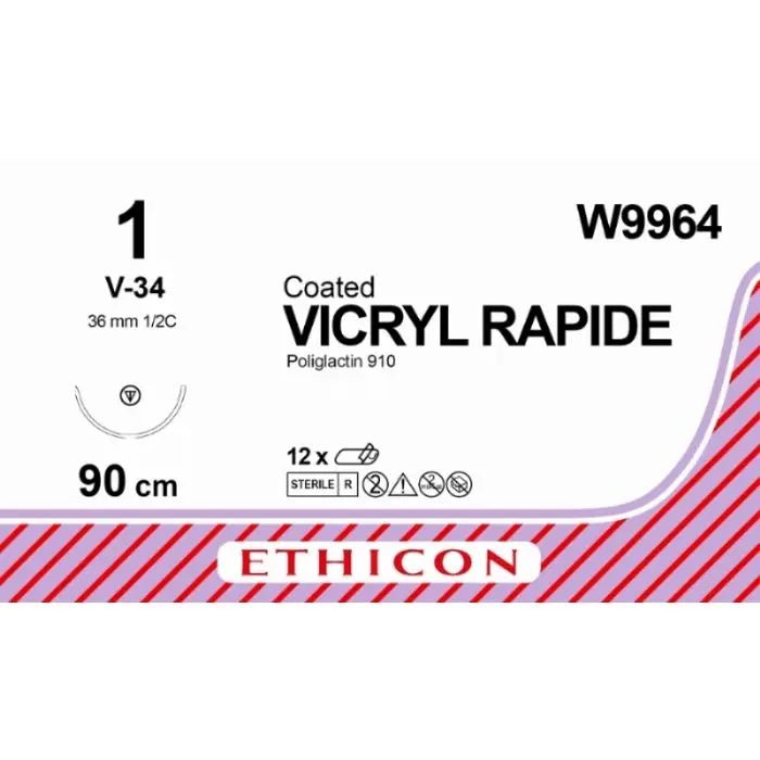 Ethicon VICRYL RAPIDE Braided Polyglactin 910 Absorbable Surgical Suture – USP 1 – 90 cm – Undyed – Tapercut Needle (36 mm, 1/2 Circle) – W9964 (Box of 12) Size: 1 Colour: Undyed Style: Taper Cut - W9964