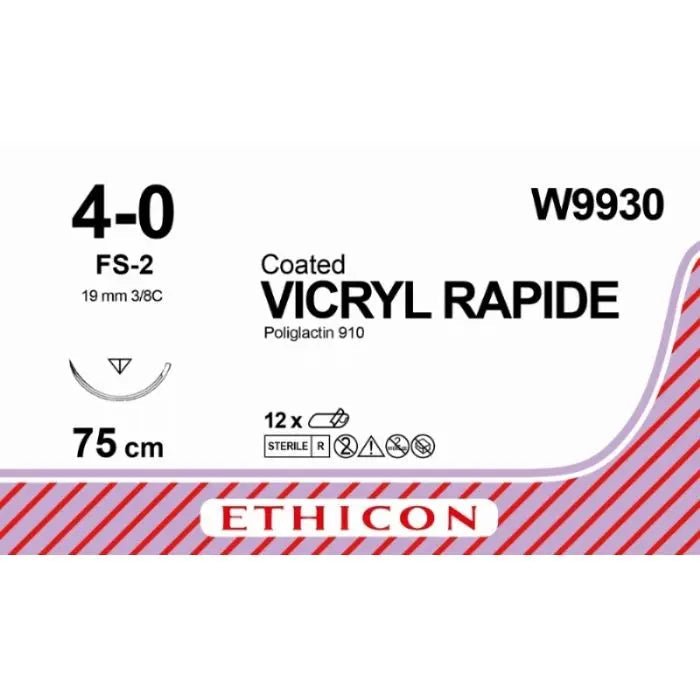 Ethicon VICRYL RAPIDE Braided Polyglactin 910 Absorbable Surgical Suture – USP 4 - 0 – 75 cm – Undyed – Reverse Cutting Needle (19 mm, 3/8 Circle) – W9930 (Box of 12) Size: 4 - 0 Colour: Undyed Style: Reverse Cutting - W9930