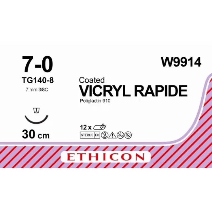 Ethicon VICRYL RAPIDE Braided Polyglactin 910 Absorbable Surgical Suture – USP 7 - 0 – 30 cm – Violet – Reverse Spatula Needle (6.5 mm, 3/8 Circle) – W9914 (Box of 12) Size: 7 - 0 Colour: Violet Style: Reverse Spatula - W9914