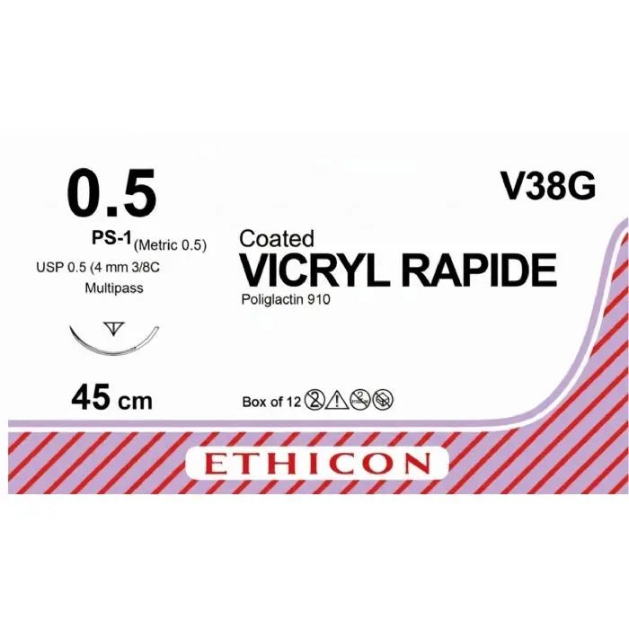 Ethicon VICRYL RAPIDE Polyglactin 910 Braided Rapidly Absorbable Surgical Suture – USP 0.5 (Metric 0.5) – 45 cm – Violet – V38G (Box of 12) Size: 0.5 Colour: Violet (D&C Violet 2) - V38G