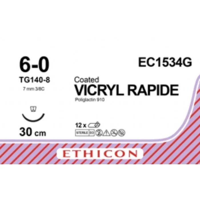 Ethicon VICRYL RAPIDE Polyglactin 910 Braided Rapidly Absorbable Surgical Suture – USP 6 - 0 (Metric 0.7) – 30 cm – Violet – EC1534G (Box of 12) Size: 6 - 0 Colour: Violet - EC1534G
