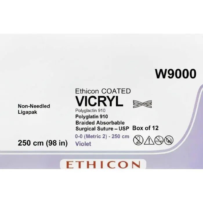 Ethicon VICRYL Polyglactin 910 Braided Absorbable Surgical Suture – USP 0 – 250 cm (98 in) – Violet – Non - Needled Ligapak – W9000 (Box of 12) Size: 0 Colour: Violet Style: Non - needled (Ligapak) - W9000