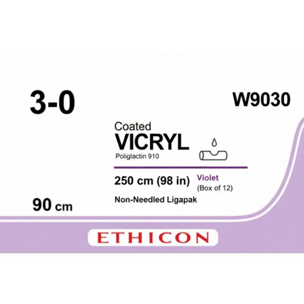 Ethicon VICRYL Polyglactin 910 Braided Absorbable Surgical Suture – USP 3 - 0 – 250 cm (98 in) – Violet – Non - Needled Ligapak – W9030 (Box of 12) Size: 3 - 0 Colour: Violet Style: Non - needled (Ligapak) - Medical SutureW9030